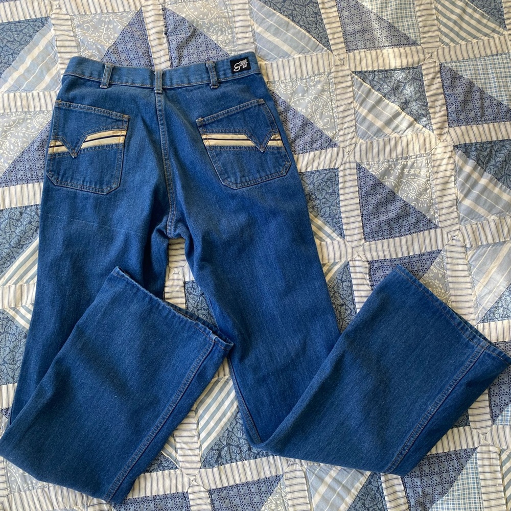 Vintage 70's Flare Jeans Indigo Denim Bell Bottom Pocket Details